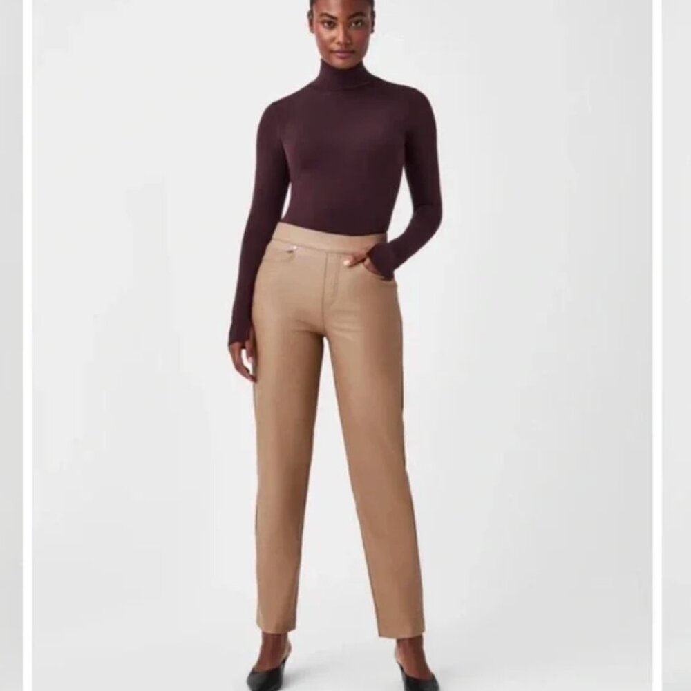 NWT Spanx Regular Pants Leather Like Slim Straight in toffee faux leather